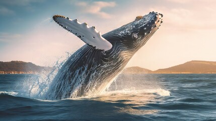 Fototapeta na wymiar a humpback whale jumping out of the ocean water. generative ai