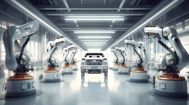 Auto assembly line of cars in a factory. Generative AI