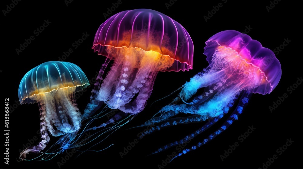Poster a group of jellyfish floating in the ocean together on a black background. generative ai