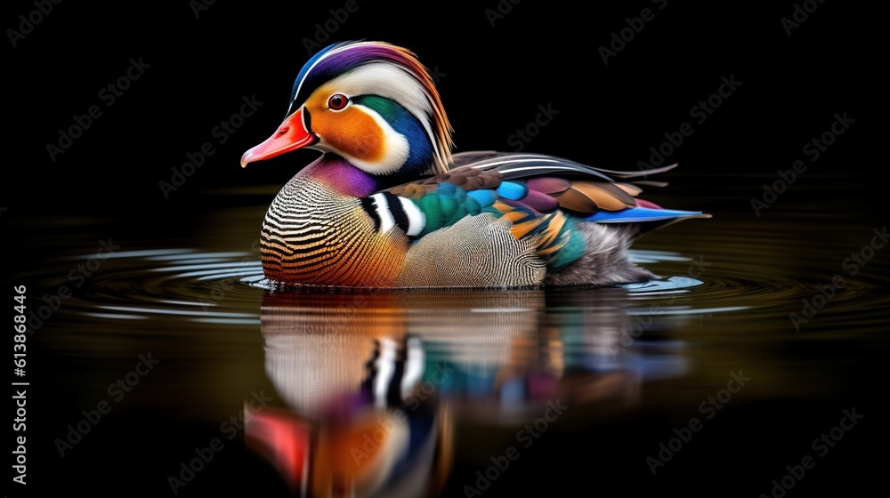 Poster a colorful duck floating on top of a body of water. generative ai