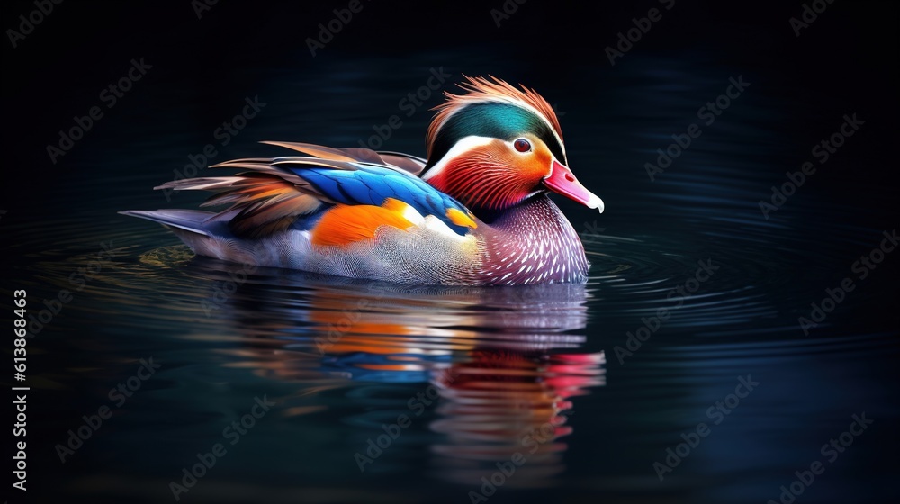 Poster a colorful duck floating on top of a body of water. generative ai