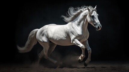Fototapeta na wymiar a white horse is galloping in the dark with dust. generative ai