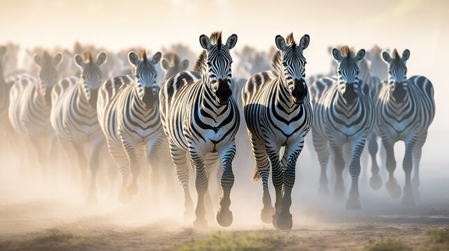 Fototapeta  a herd of zebras running across a dusty field in the sun.  generative ai