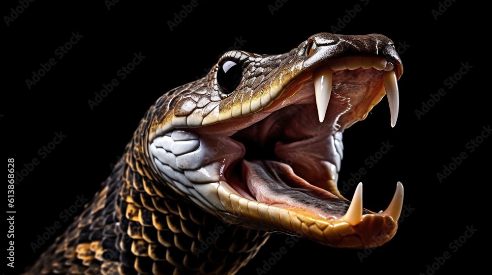 Poster a large snake with its mouth open and it's teeth wide open. generative ai