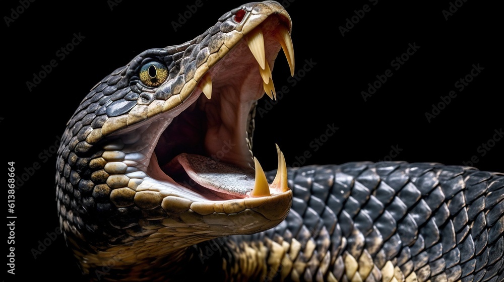Poster a large snake with its mouth open and it's mouth wide open. generative ai