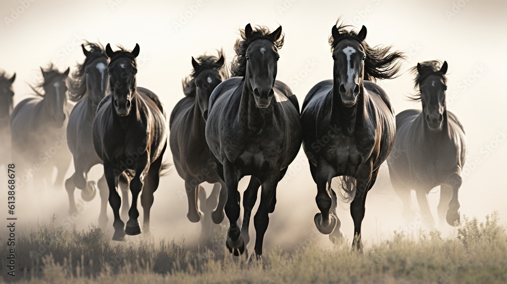 Poster a group of horses running in a field with dust behind them. generative ai