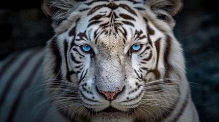 Fototapeta na wymiar a close up of a white tiger with blue eyes looking at the camera. generative ai