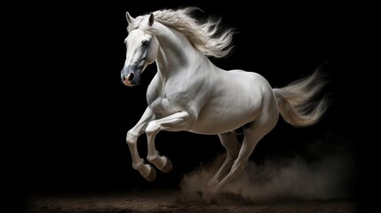 Naklejka na ściany i meble a white horse is galloping through the dust in the dark. generative ai