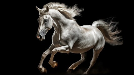 Obraz na płótnie Canvas a white horse is galloping in the dark with its front legs spread. generative ai