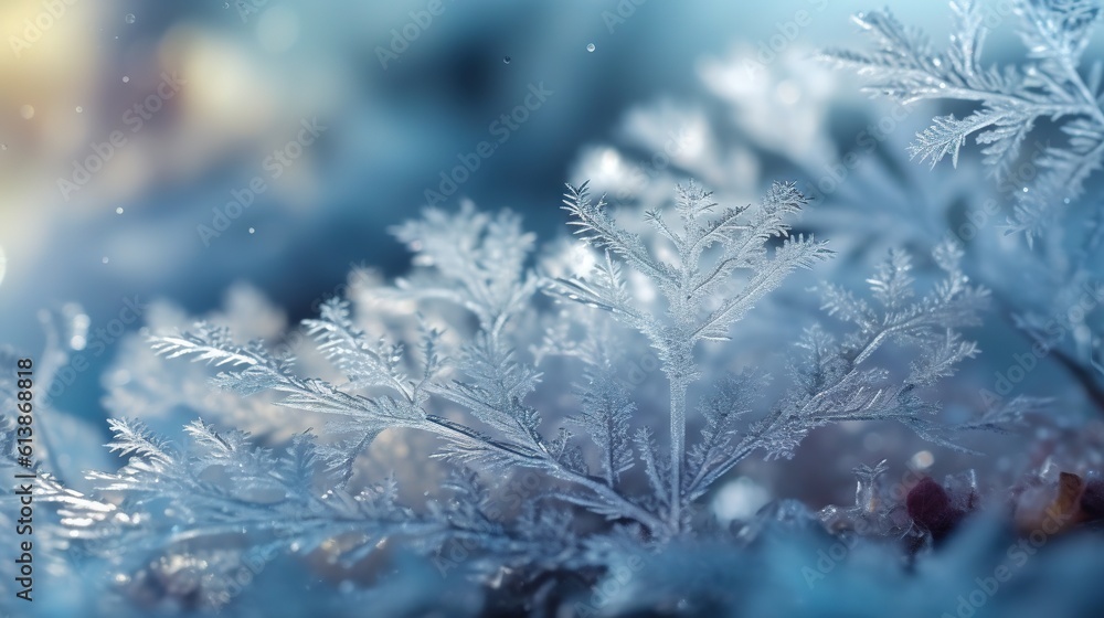 Poster a close up of a bunch of snow flakes on a window. generative ai