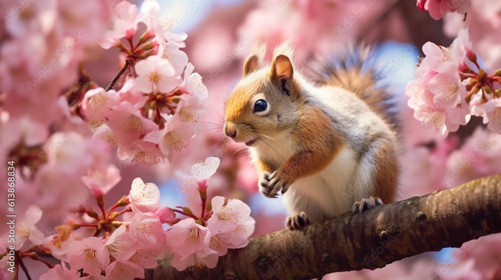 Poster a squirrel is sitting on a branch of a cherry blossom tree. generative ai