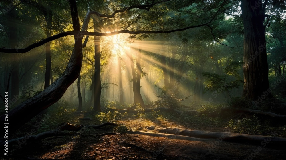 Aufkleber the sun shines through the trees in a forest filled with trees. generative ai
