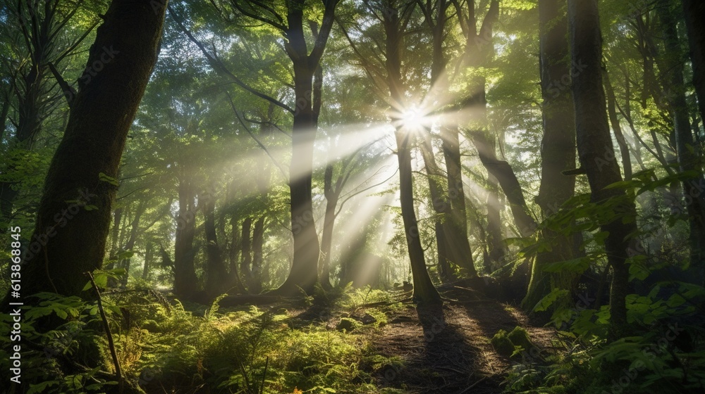 Aufkleber sunlight shining through the trees in a forest filled with ferns. generative ai