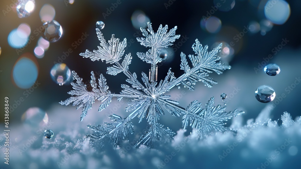 Poster a close up of a snowflake with drops of water. generative ai