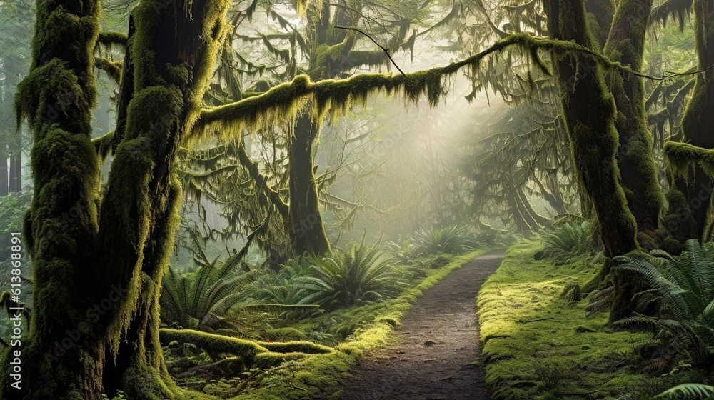Poster a path through a dense green forest with moss growing on the trees. generative ai
