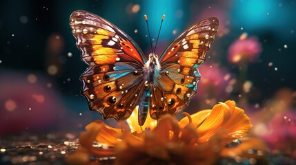 Fototapeta na wymiar a butterfly sitting on top of a flower with water droplets. generative ai