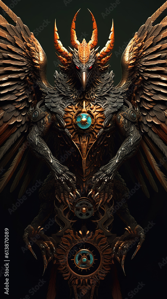 Poster a statue of a bird with wings and a clock. generative ai.