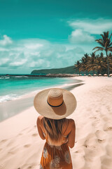 Fototapeta na wymiar A woman in a hat standing on a beach. Generative AI.
