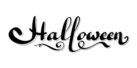 Happy Halloween vector lettering wavy tail, isolated white background. Holiday black lettering banner. Happy Halloween celebration poster. Greeting card, october party invitation Vector illustration