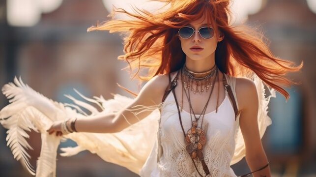 Beautiful young stylish woman posing on the field at music festival. Generative AI.