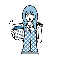立って電卓を持ってこちらに向けて見せている事務員制服の女性