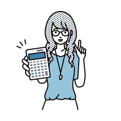 立って電卓を持ってこちらに向けて見せている教師の女性