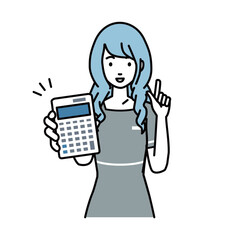 立って電卓を持ってこちらに向けて見せているエステ店員・受付・接客係の女性