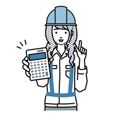 立って電卓を持ってこちらに向けて見せている工事現場の女性