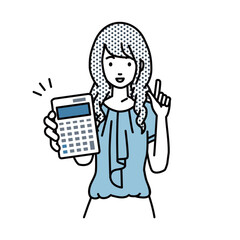 立って電卓を持ってこちらに向けて見せているオフィスカジュアルの女性