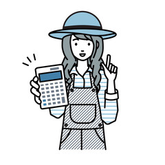 立って電卓を持ってこちらに向けて見せている農家の女性