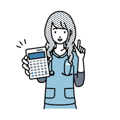 立って電卓を持ってこちらに向けて見せている看護師の女性