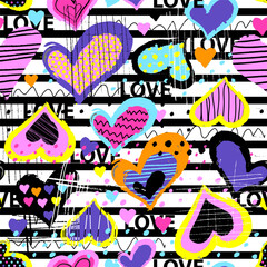 Abstract seamless chaotic pattern with urban geometric elements, scuffed, drops, hearts and drops on stripes. Grunge neon texture background. Wallpaper for teen girls. Fashion sport style
