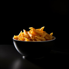 Pasta penne in a black bowl on black bakground. AI generated