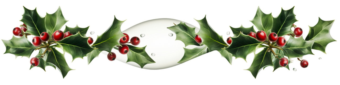 A christmas card with holly leaves and red berries. Generative AI. Decorative clipart element on white background.