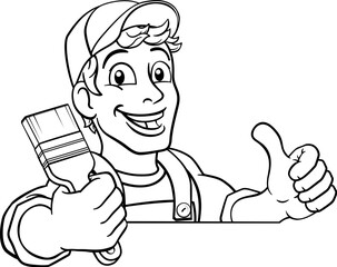 A painter decorator construction handyman cartoon man holding a paintbrush brush. Peeking over a sign giving a thumbs up