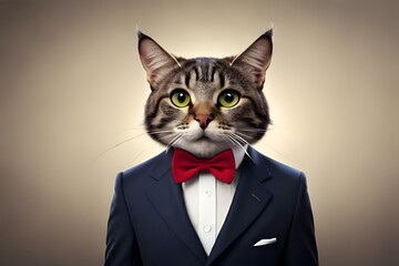 cartoon image of a mischievous cat wearing a bowtie and holding a fishbone.