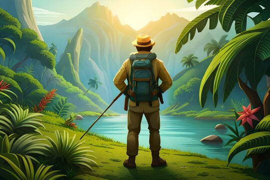 a cartoon image of an adventurous explorer trekking through a jungle filled with exotic animals like elephants, parrots, and snakes.
