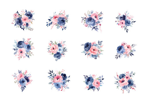 Watercolor navy blue and pink flowers set, vintage vector flowers collection.