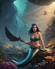 the mermaid holds a giant ax in her hands. mermaid sits underwater on a rock. Generative AI