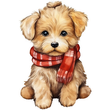 Cute puppy dog in scarf. Watercolor illustration AI Generative