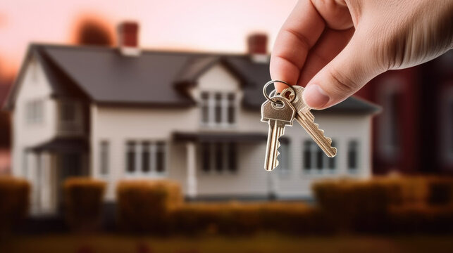 Mortgage, investment, real estate and property concept of hand presenting house keys as a completion of the deal. 