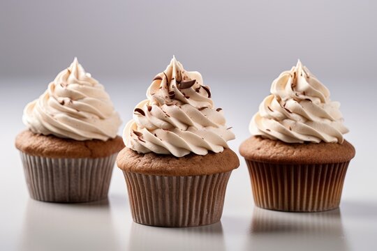 Three chocolate cupcakes with swirled frosting. Generative Ai image