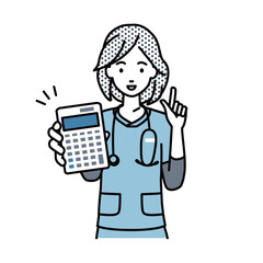 立って電卓を持ってこちらに向けて見せている看護師の女性