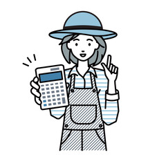 立って電卓を持ってこちらに向けて見せている農家の女性