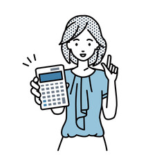 立って電卓を持ってこちらに向けて見せているオフィスカジュアルの女性