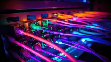 Servers connection with Fiber optic cable internet vivid color. Generative AI