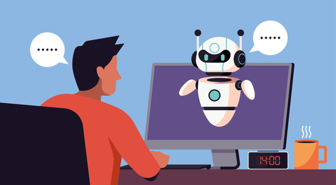 Futuristic Concept, Man Talking With Chatbot On Computer Screen, Artificial Intelligence Robot Assistant For Online Customer Support, Vector Flat Illustration