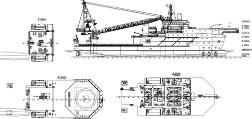 Vector sketch illustration of a rescue ship at sea with detailed goods interior