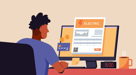 Man using credit card for electric energy online bill payment on desktop computer screen, vector flat illustration