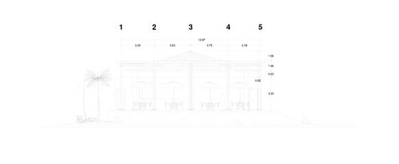 Vector sketch of architectural illustration of seaside cafe design